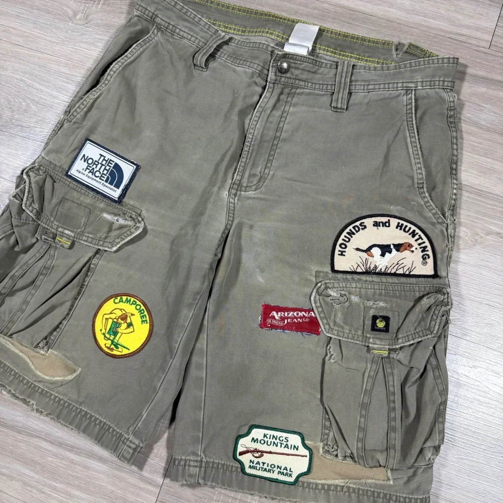 The North Face Rare Cargo Shorts All Over Patches Distressed Heavy Hunting SZ 32